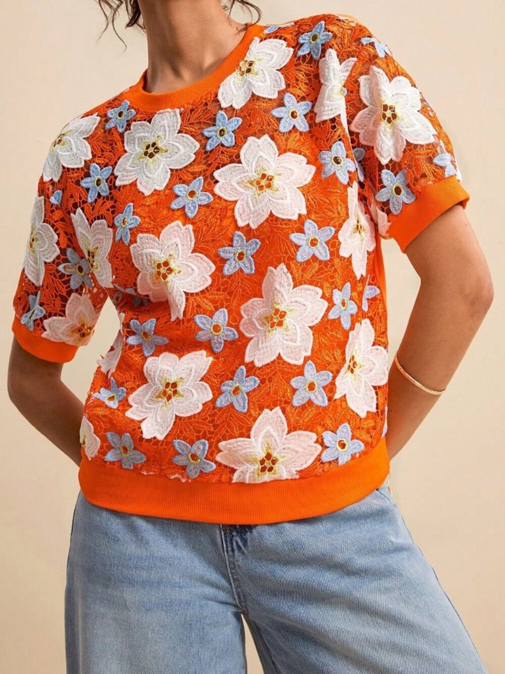 Orange Casual Women's Hollow Textured Fabric Round Neck Short Sleeve Tops